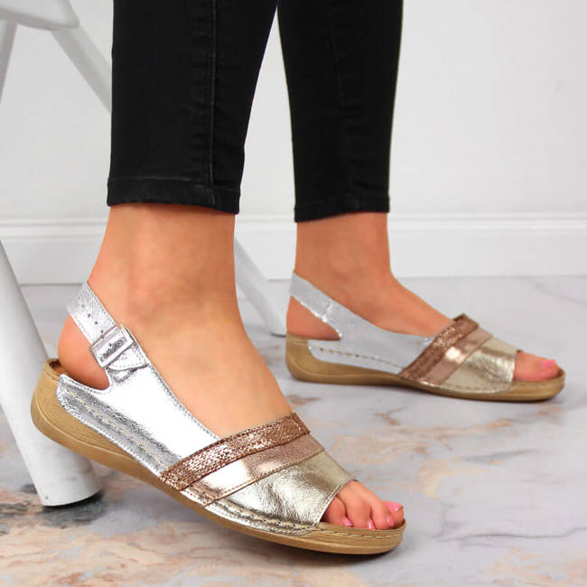 Sandały skórzane komfortowe srebrno-złote Łukbut 1104