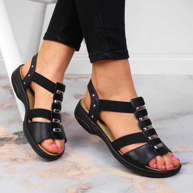 Skórzane komfortowe sandały damskie rzymianki czarne Rieker 64580-00